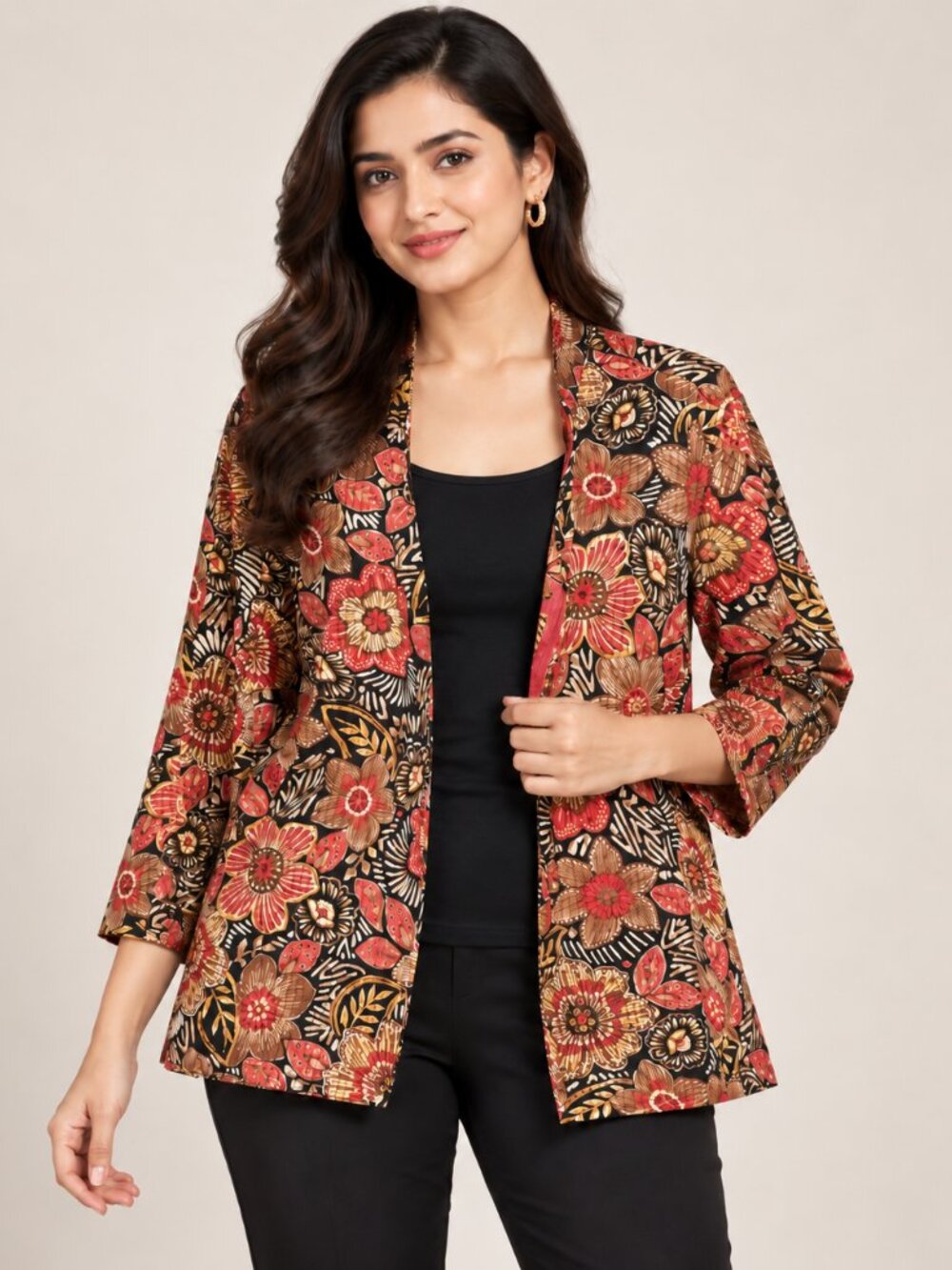 Alfred Dunner Woman 22W Floral Open Front Jacket Red Brown Black 100% Cotton